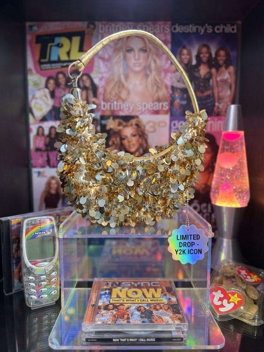 Y2K Gold Sequin Crescent Hobo Bag | Sparkling Shimmy Party Shoulder Purse